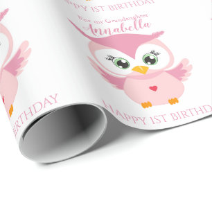 Papier Cadeau Petite-fille Premier Anniversaire Chouette Rose Mi
