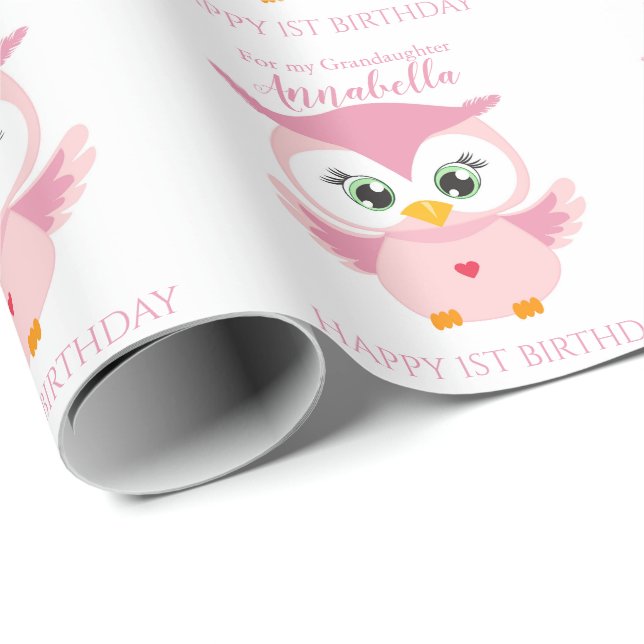 Papier Cadeau Petite fille Premier anniversaire Cute Pink Owl (Coin rond)