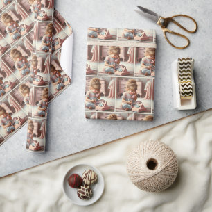 Papier Cadeau Petite Fille Sur Un Téléphone Rétro