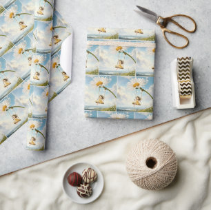 Papier Cadeau Petite Fille sur une Balançoire en Marguerite