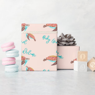 Papier Cadeau Petite fille Tortues de mer rose texte personnalis