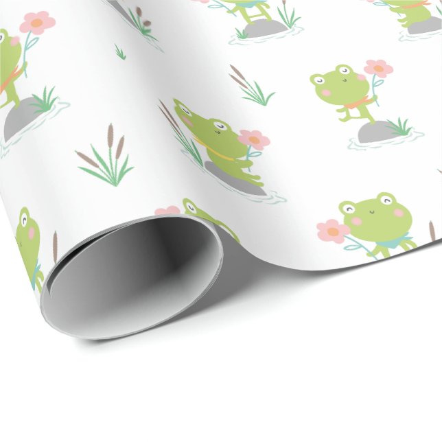 Papier Cadeau Petite grenouilles mignonnes avec des fleurs en bl (Coin rond)