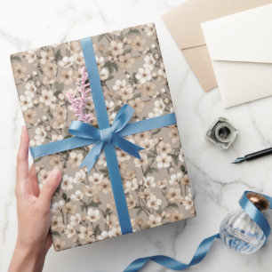 Papier Cadeau Petites Fleurs Éparses — Beige et Sauge Discrets