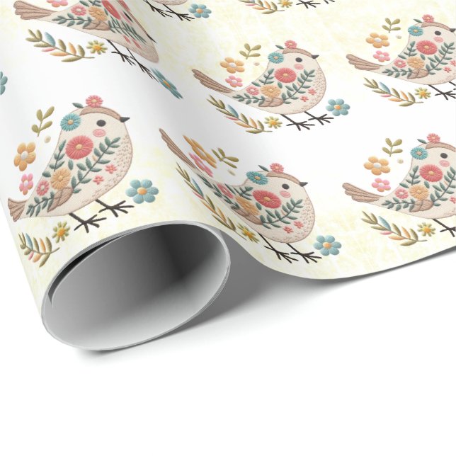 Papier Cadeau Petites fleurs Feuilles d'oiseaux Papier à envelop (Coin rond)