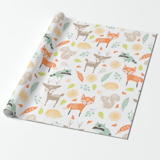 Papier Cadeau Petits animaux de bois sur Arrière - plan blanc (Déroulé)