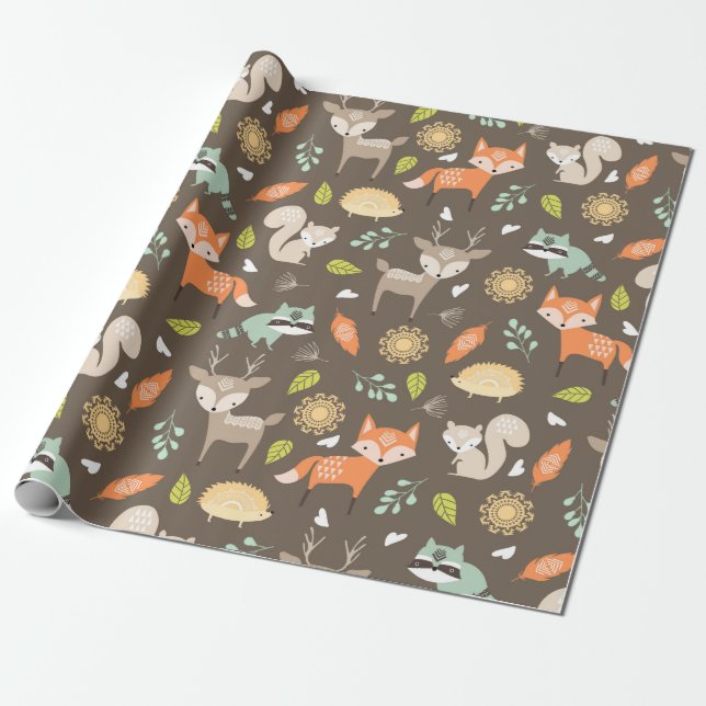 Papier Cadeau Petits animaux de bois sur Arrière - plan Brown (Déroulé)