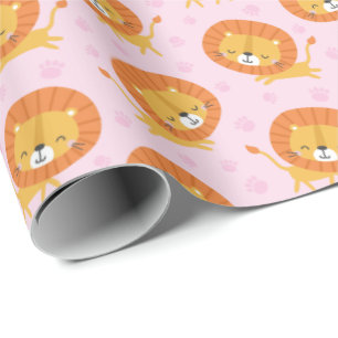 Papier Cadeau Petits Lions mignons avec empreintes sur rose clai