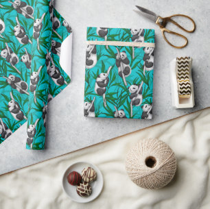 Papier Cadeau Petits panda turquoise