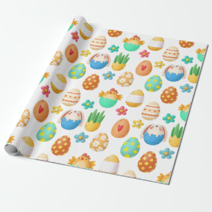 Papier Cadeau Petits poulets de Pâques, lapins et oeufs