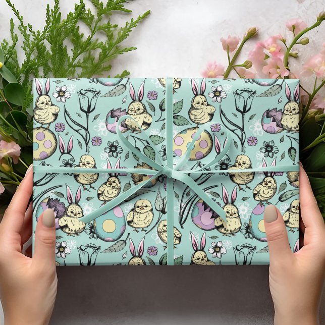 Papier Cadeau Petits poussins de Pâques et oreilles de lapin, oe (Créateur téléchargé)