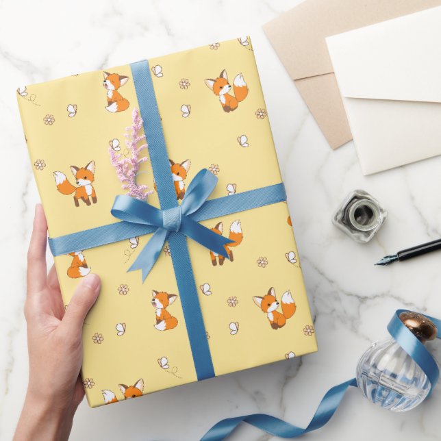Papier Cadeau Petits renards mignons sur jaune (Cadeaux)