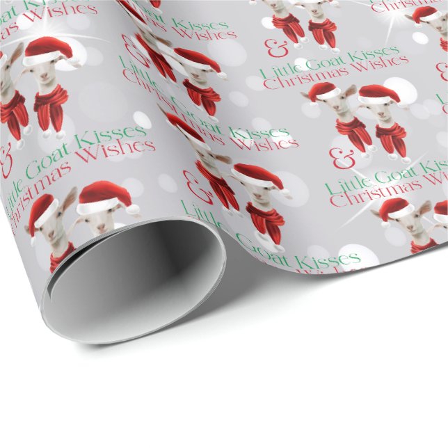 Papier Cadeau Petits voeux de Noël Petite chèvre Baisers Argent (Coin rond)