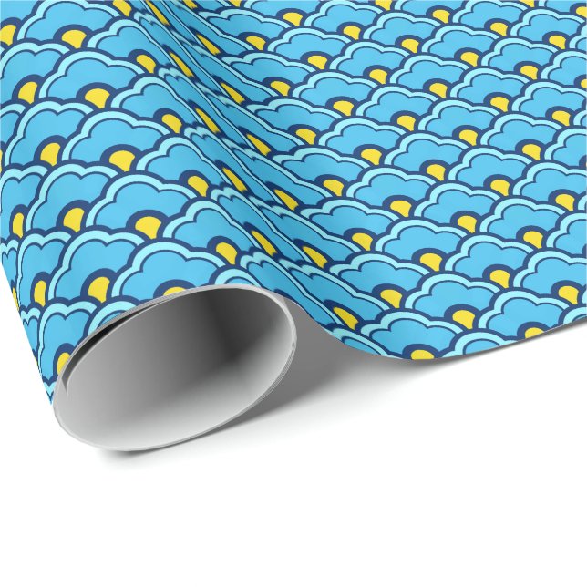 Papier Cadeau Pétoncle chinois, turquoise et écorce d'aqua (Coin rond)