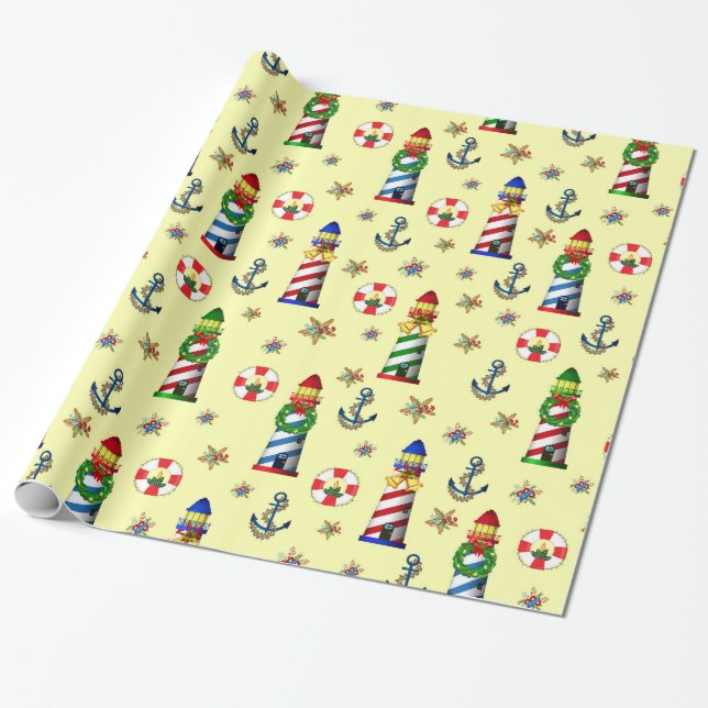 Papier Cadeau Phare de Noël Arrière - plan jaune nautique (Déroulé)
