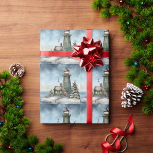 Papier Cadeau Phare d'hiver Nautical Beach Noël