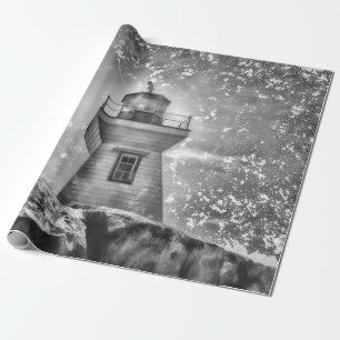 Papier Cadeau Phare Océan Côtier Noir Et Blanc Nautique