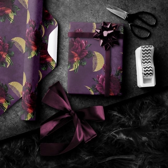 Papier Cadeau Phases de la lune et Roses pourpres | Magnifique N (Créateur téléchargé)