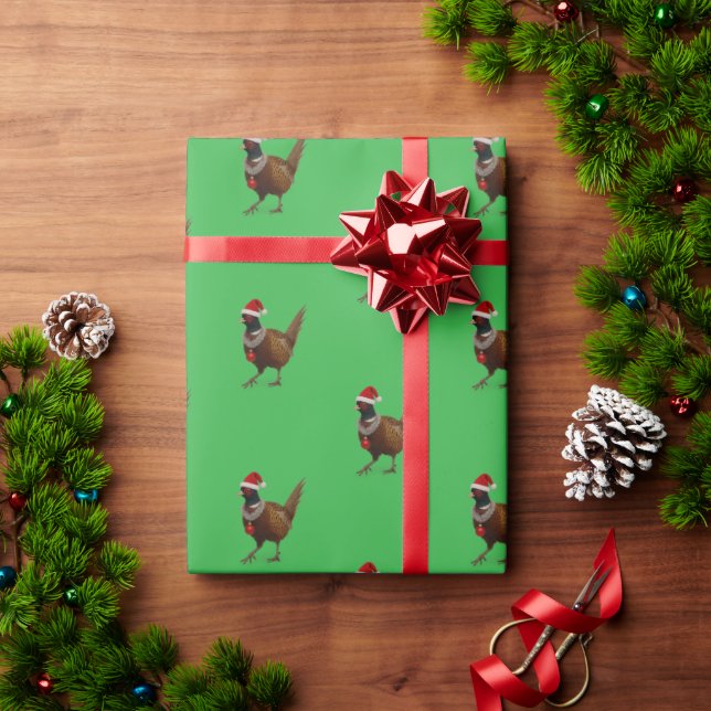 Papier Cadeau Pheasant on green Christmas gift wrapping paper (Cadeau de vacances)
