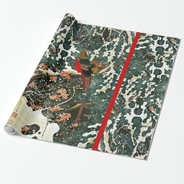 Papier Cadeau Pheasants à Snow, Pine Tree, Roses, Japanese Flora (Déroulé)