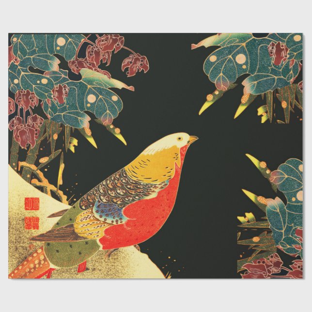 Papier Cadeau Phéasé d'or en neige Antique Floral japonais (Plat)