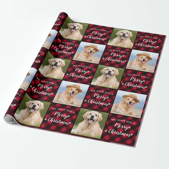 Papier Cadeau Photo Animal Personnalisée Red Buffalo Plaid Joyeu (Déroulé)