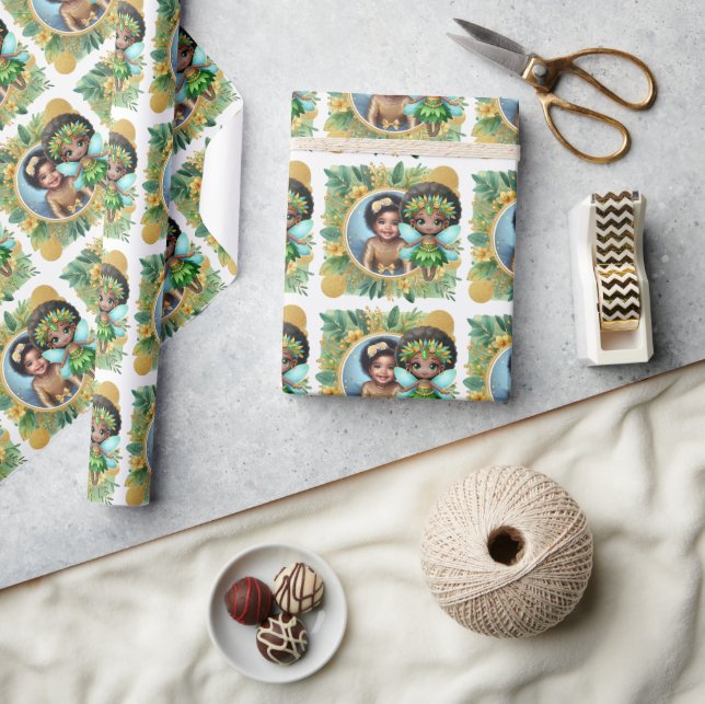 Papier Cadeau Photo Anniversaire Fée Noire mignonne Vert Jaune O (Artisanat)
