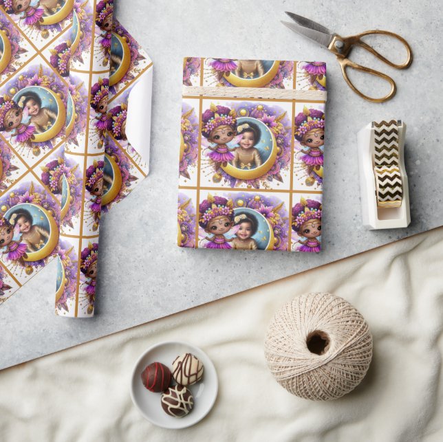 Papier Cadeau Photo Anniversaire Petite Fée Noire Violet Jaune (Artisanat)