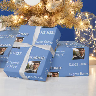 Papier Cadeau Photo Bleue Moderne, Nom, Diplôme, Classe de diplô