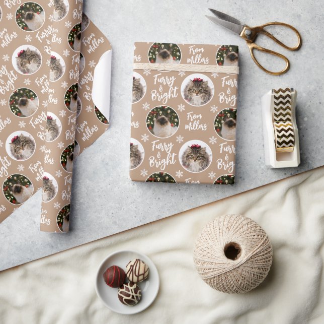 Papier Cadeau Photo de chat Furry & Bright Rustic White Christma (Artisanat)