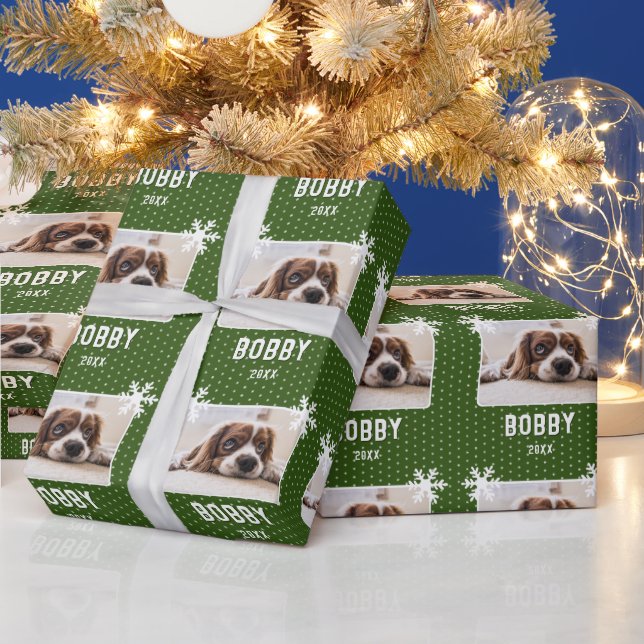 Papier Cadeau Photo de chien Flèches de neige vert Nom animal de (Vacances)