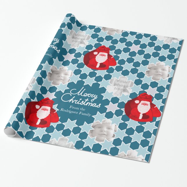 Papier Cadeau Photo de famille bleue rouge de Noël de profil (Déroulé)