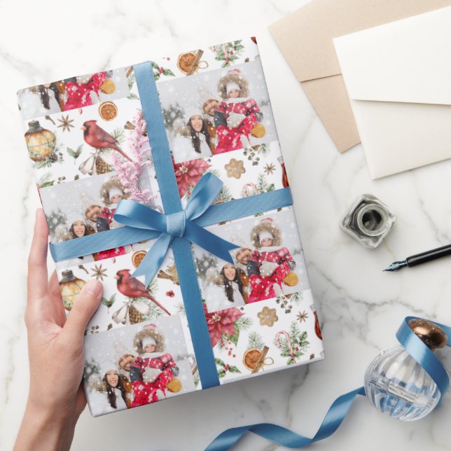 Papier Cadeau Photo de famille de Noël rouge blanc motif (Cadeaux)