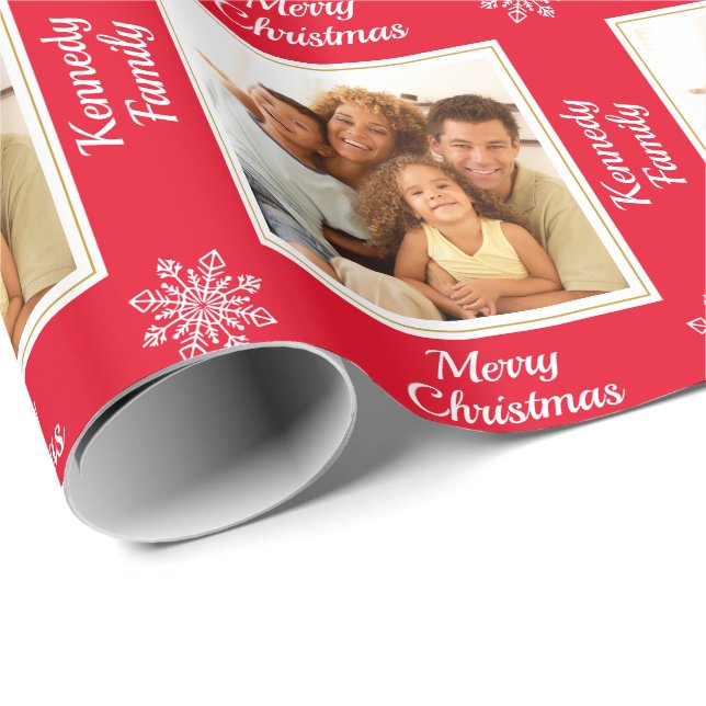 Papier Cadeau Photo de famille moderne Flocon de neige Joyeux No (Coin rond)