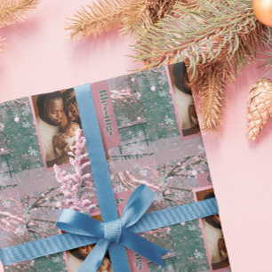 Papier Cadeau Photo de famille Noël d'hiver rose