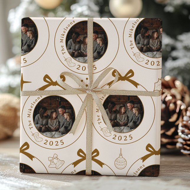 Papier Cadeau Photo Elegant Gold Line Art Christmas (Créateur téléchargé)