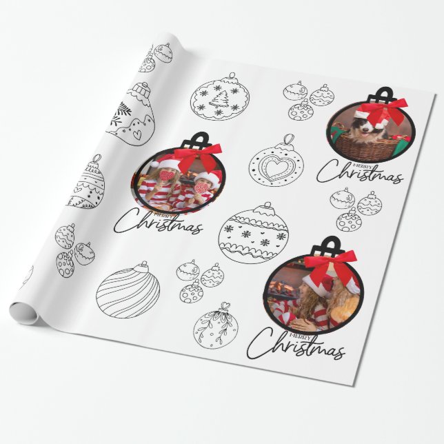 Papier Cadeau Photo Ornement de Noël noir et blanc (Déroulé)