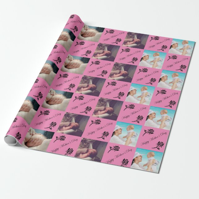 Papier Cadeau Photo personnalisée Happy Mothers Day Pink Wrapper (Déroulé)