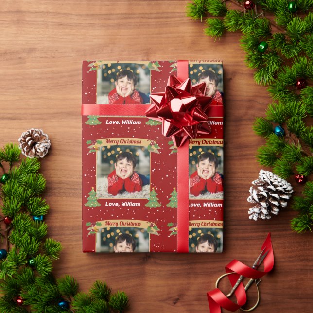Papier Cadeau Photo personnalisée Joyeux Noël Rouge (Cadeau de vacances)