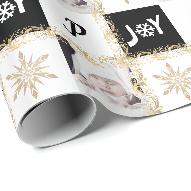 Papier Cadeau Photo personnalisée Monogramme Or & Noir Noël Joie (Coin rond)