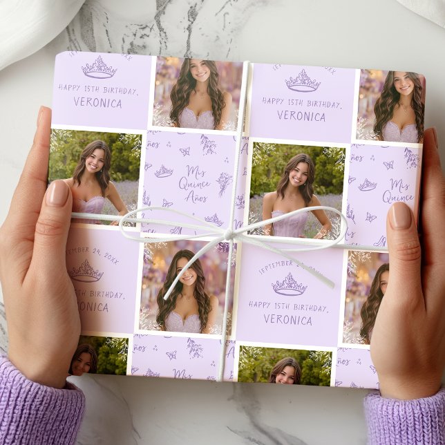 Papier Cadeau Photo personnalisée Papier d'emballage Quinceanera (Personalized 2-Photo Wrapping Paper)