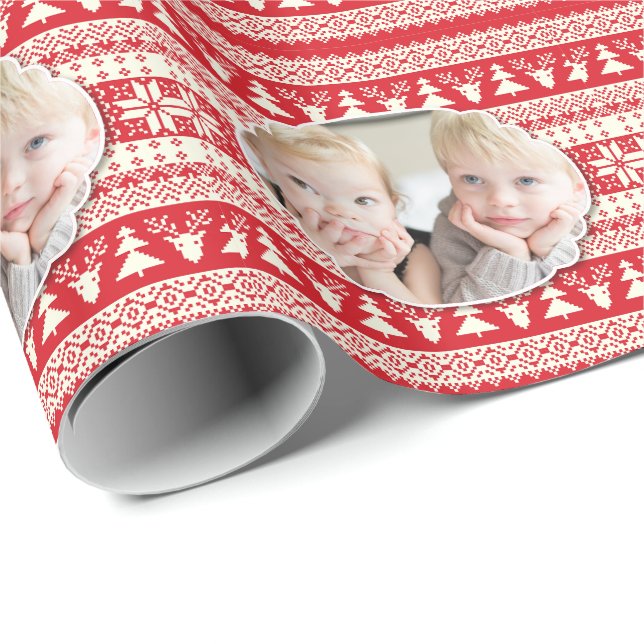 Papier Cadeau Photo personnalisée, Rouge et Blanc, Noël (Coin rond)
