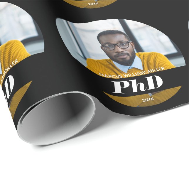 Papier Cadeau Photo PhD Nom du diplôme Graduation noire (Coin rond)