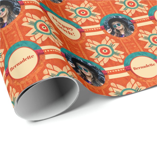 Papier Cadeau Photo Sentiment Orange Ethnic Bohemian Anniversair (Coin rond)