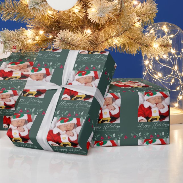 Papier Cadeau Photo verte des baies rouges et saintes de Noël (Vacances)