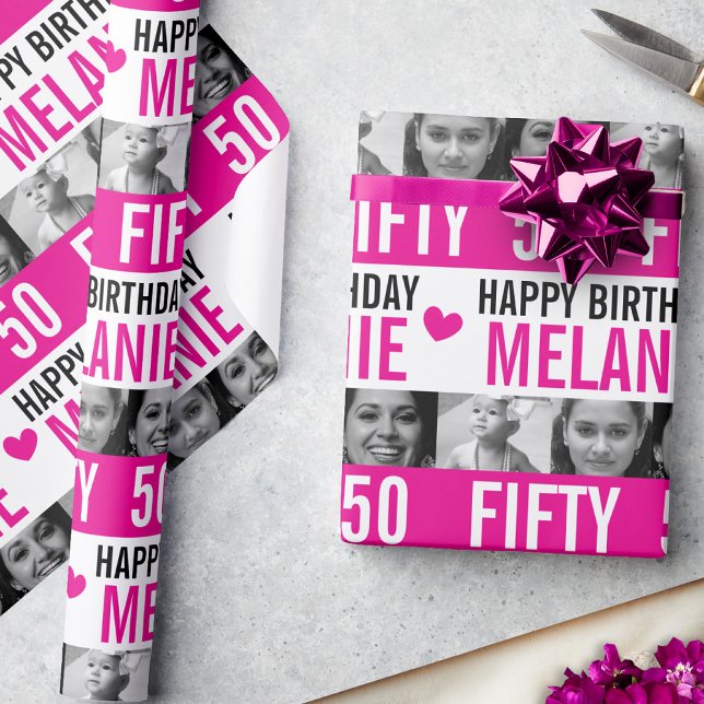 Papier Cadeau Photos de 50e anniversaire rose noir blanc rayé (Créateur téléchargé)