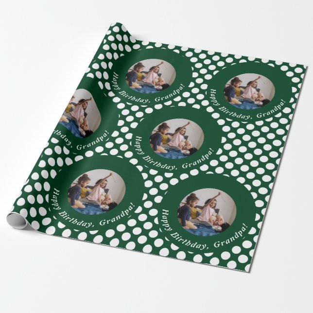 Papier Cadeau Photos personnalisées Green Happy Birthday Grand-p (Déroulé)