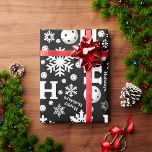 Papier Cadeau Pickleball Snowballs sur Black Happy Holidays