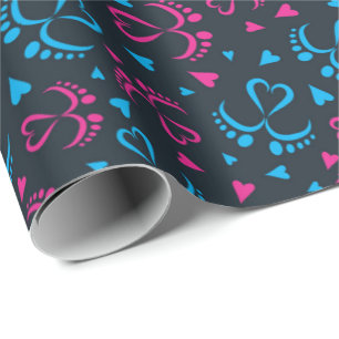 Papier Cadeau Pieds bébé et Coeurs en bleu et rose