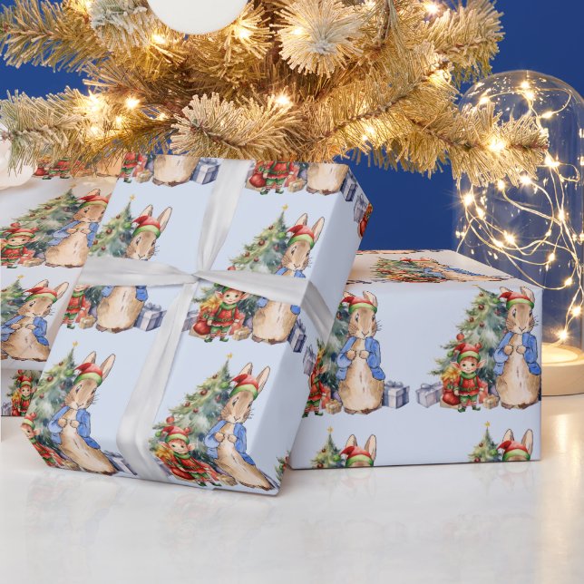 Papier Cadeau Pierre le lapin avec Elf et sapin de Noël (Vacances)