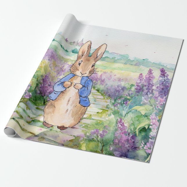 Papier Cadeau Pierre le lapin avec lilas aquarelle (Déroulé)